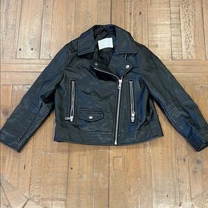 Zara Black faux Leather moto Jacket kids 6 collared zip front